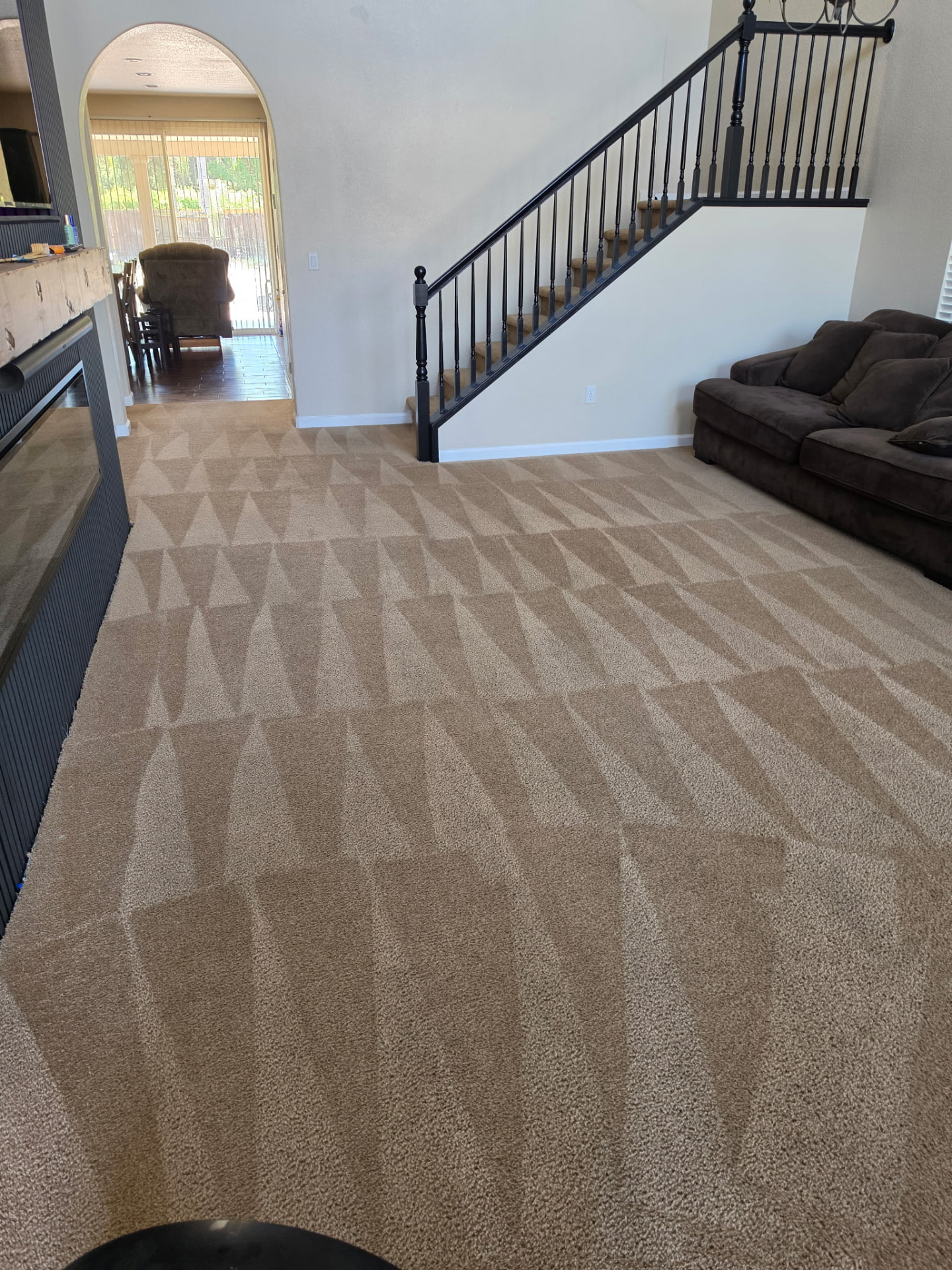 Freshly steam cleaned living room carpet with crisp vacuum lines